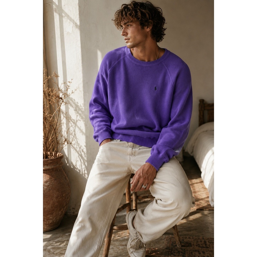 Polo Ralph Lauren Mens Purple 100% Cotton Raglan Crewneck Waffle Knit Sweater M
